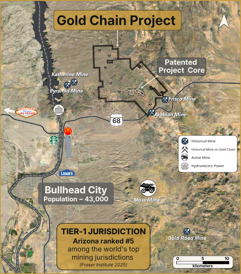 Gold Chain project location map, Mohave County, Arizona, showing the patented project core, nearby historical mines and Bullhead City