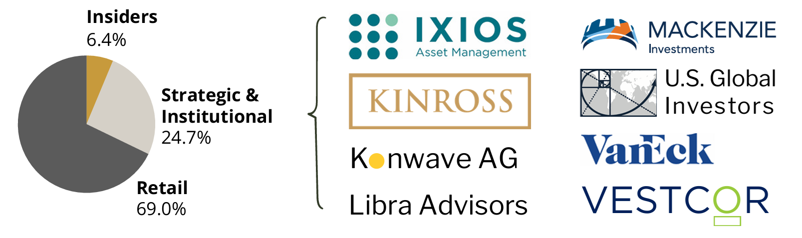 West Point Gold ownership: 69.0% retail, 24.7% strategic & institutional, 6.4% insiders, with VanEck, Konwave AG, Mackenzie Investments, U.S. Global Investors, IXIOS Asset Management, VESTCOR, Libra Advisors and Kinross on the register